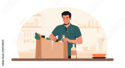 Man Unpacking Groceries At Home After Shopping With A Calm Expression
