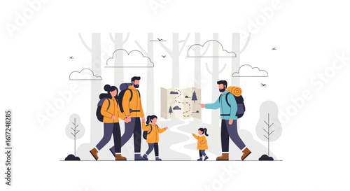 Illustrative family outdoor adventure in nature planning their route using a map during hiking vacation