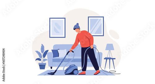 Man vacuuming the living room with sofa, plant, table and paintings, maintaining a clean and tidy home environment is essential