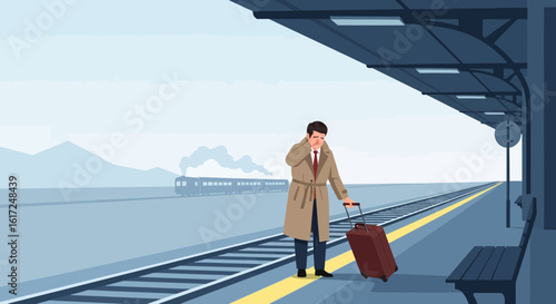 Man Waiting with Luggage at Train Station, Engaged in Phone Conversation in Gloomy Weather, Vector Illustration