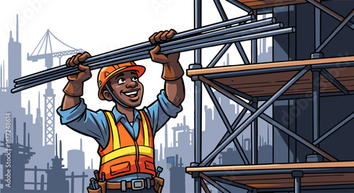 Construction Worker Carrying Steel Beams on a Cityscape Scaffold