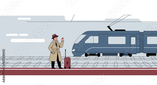 Man With Luggage Waiting For An Approaching High Speed Train At The Station