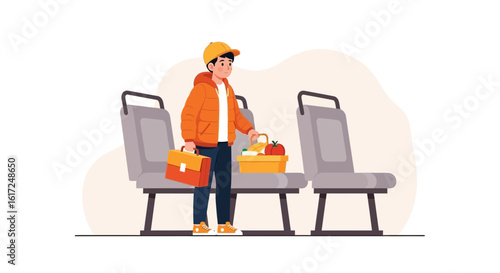 Man With Lunchbox Standing Between Empty Seats On Public Transportation