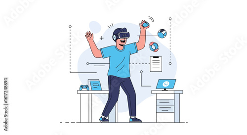 Immersive Virtual Reality Experience Man In Metaverse With Interactive Balls