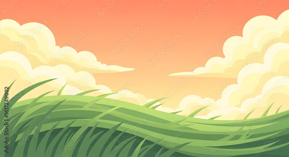 Obraz premium Peaceful summer meadow illustration with rolling hills and fluffy clouds at dusk