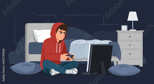 Intense Gaming Session Young Man Enjoying Video Game In His Bedroom
