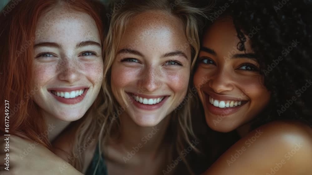 Three young women enjoying their time together, smiling and embracing in a beach setting.