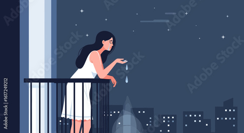 Melancholy Scene Woman Contemplating Sadness At Night On A Balcony View