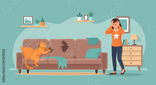 Irritated Woman Seeing Her Cat Scratching A Sofa At Home