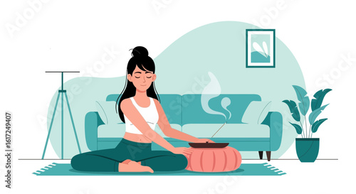 Mindful Woman Practices Meditation With Incense Sticks In Relaxing Home Environment
