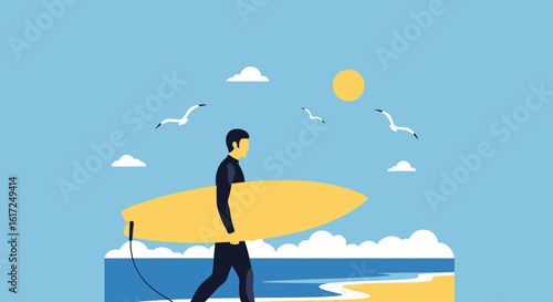 Minimalist Surfer Illustration At The Beach On Sunny Day With Clear Blue Sky