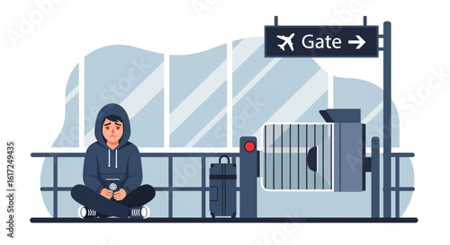 Missed Flight Anxious Passenger Sits At Airport Gate With Passport Worried