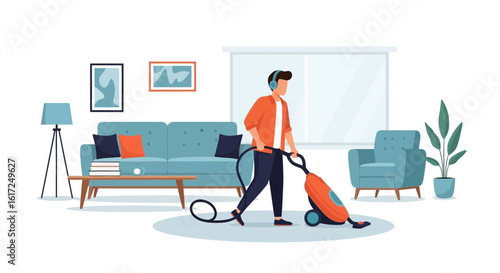 Modern Home Lifestyle Man Wearing Headphones Vacuuming Carpet In Living Room
