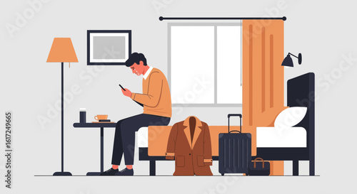Modern Hotel Stay Man Uses Smartphone While Relaxing Business Trip
