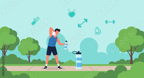 Morning Fitness In Park Refreshment After Exercising For Healthy Lifestyle