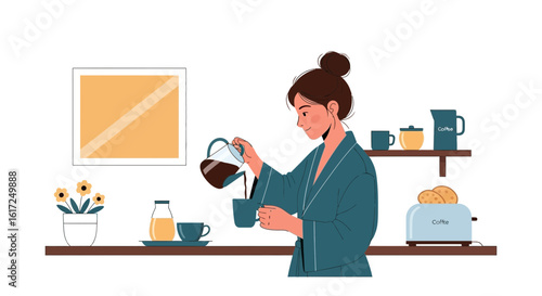 Morning ritual illustration: woman pouring coffee in a cozy kitchen setting full of warmth