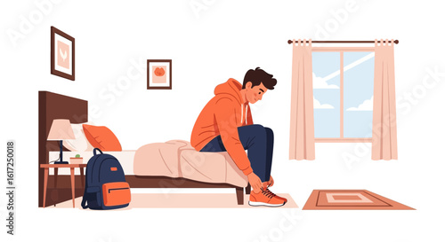 Morning Routine: Young Man Preparing For School Or Work In His Bedroom