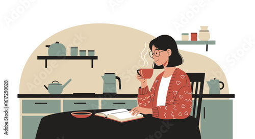 Morning Serenity: Woman Enjoying Tea and Book in Cozy Kitchen Setting