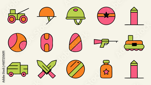 Comprehensive collection of military equipment symbols and icons featuring tanks aircraft ships and weaponry for strategic design applications