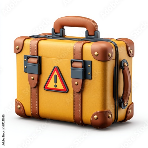 Yellow suitcase with a warning sign, travel concept isolated on white background.