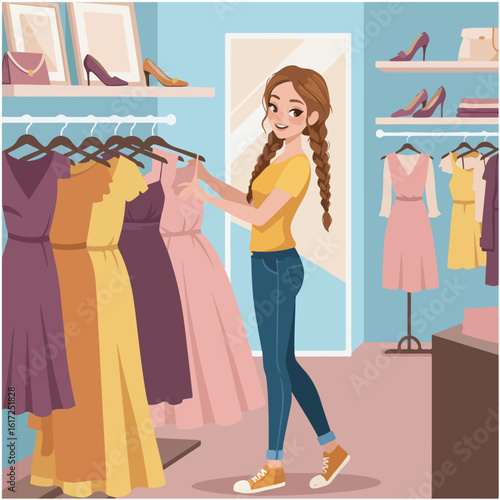 Illustration of a young woman shopping for clothes in a fashion boutique, choosing a new dress from a rack. Concept of personal style and retail.