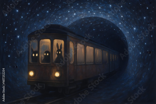 Surreal train moving through star tunnel with glowing-eyed passengers in dreamlike setting