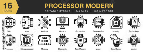 Processor Modern icon set. Editable Stroke Icon Collection. Includes processor, technology, computer, modern, data, and More. Outline icons vector collection.