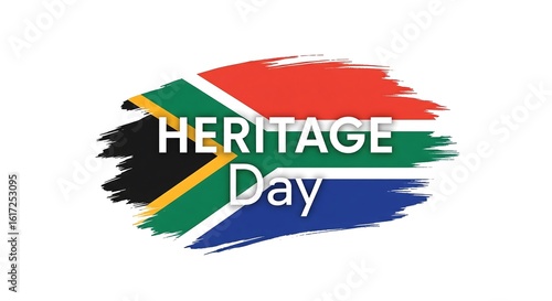 Heritage Day graphic. Text HERITAGE Day over a paint stroke design with the colors of the South African flag.
