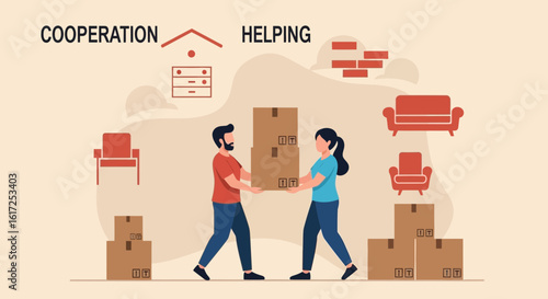 Moving Together A Couple Carries Boxes Of Personal Belongings To A New House
