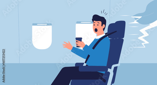 Nervous Man Reacting To Turbulence During Bad Weather On An Airplane