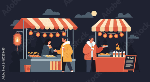 Nighttime Street Food Market With Vendors And Customers Enjoying Snacks
