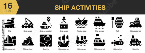 Ship Activities solid icon set. Includes vacation, activity, water, boat, journey, and More. Solid icons vector collection.