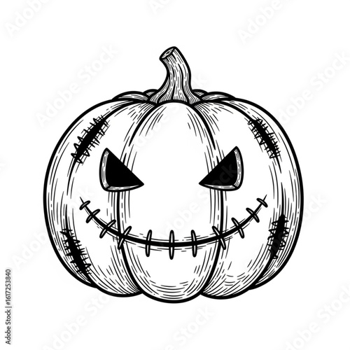 Tattered Pumpkin Plush Toy with Stitched Grin Vintage Horror Illustration