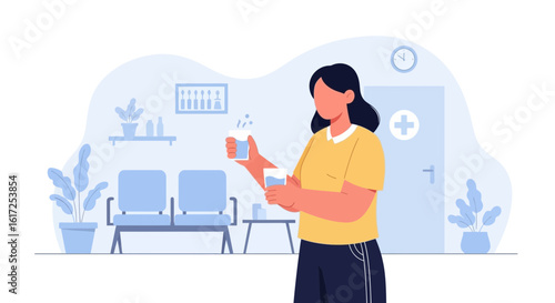 Patient Holding Glasses Of Water In A Clinical Waiting Room Illustration