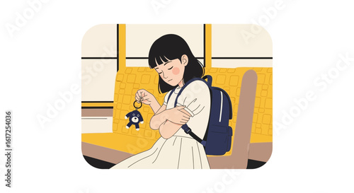 Pensive Commuter Girl With Backpack Contemplates Little Dog Accessory