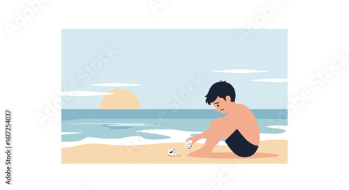 Pensive Solitude A Boy Contemplates Seashells At Sunset On A Quiet Beach