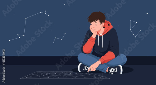 Pensive Student Studies Celestial Maps and Constellations Under The Night Sky