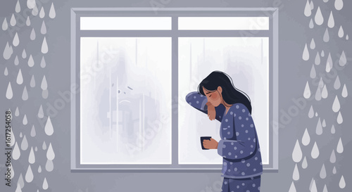 Pensive Woman In Pajamas Looking At Rain Outside Her Window