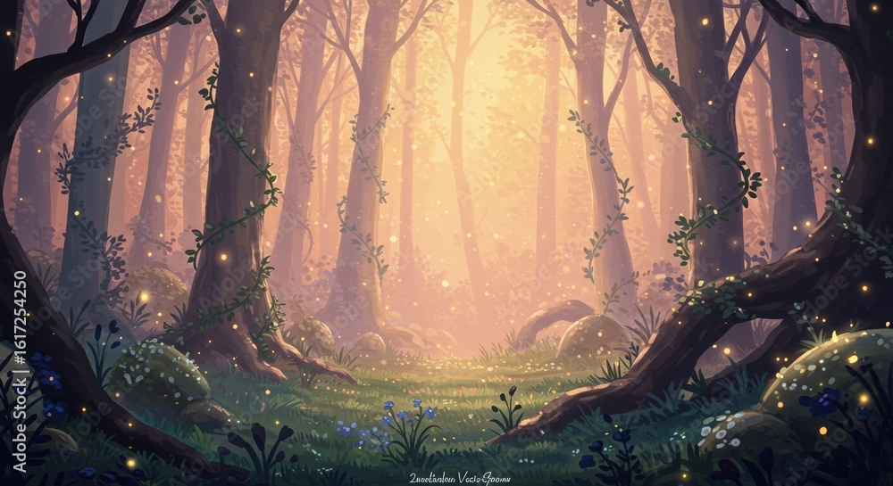 Fototapeta premium Enchanted Forest Illustration with Fireflies, Trees, and Magical Light