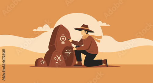 Person Uncovering Ancient Stone Carvings In Desert Landscape Flat Style