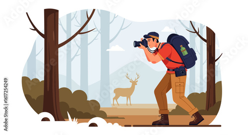 Photographer Capturing Wildlife Scene In Forest During An Outdoor Adventure
