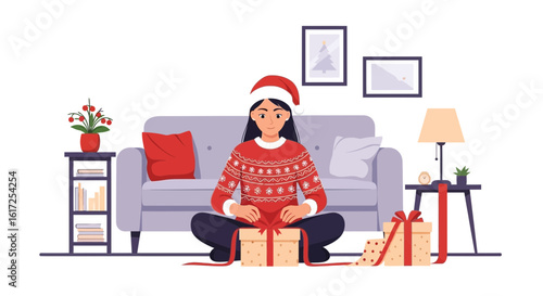 Young Woman Wrapping Gifts For Christmas Season In Living Room