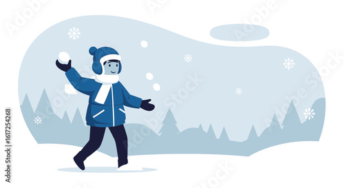 Youngster Enjoying A Snowy Winter Day By Playing With Snowballs Outdoors