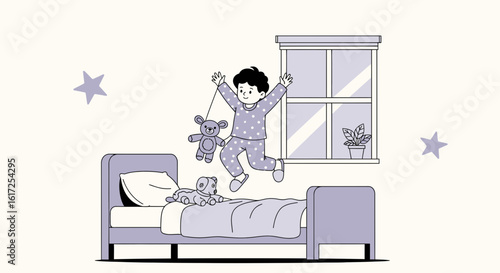 Playful Childhood Moments: Joyful Boy Leaping on the Bed in Pajamas