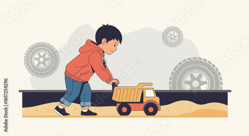 Youngster's Imaginative Sandbox Adventure With Toy Truck And Tire Elements
