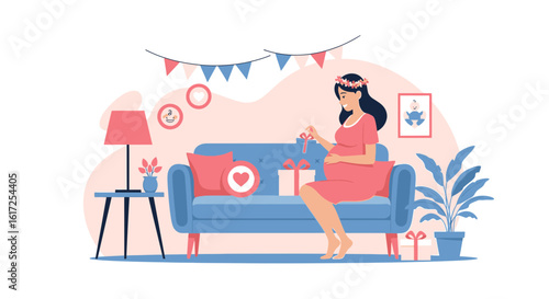 Pregnant Woman Receiving Gifts At A Baby Shower Celebratory Event