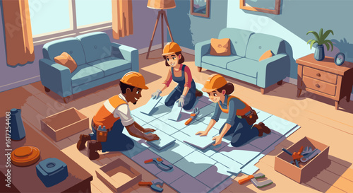 Team of Workers Installing Light Blue Tiles in a Living Room