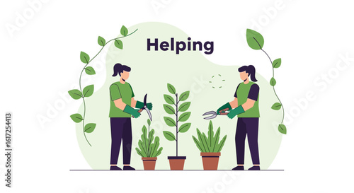 Teamwork In The Garden Maintaining Plants Together In A Peaceful Outdoor Setting