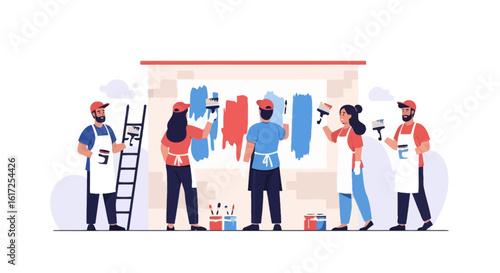 Teamwork Painting Wall Together With Different Colors For Decoration Works