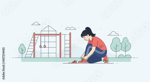 Preparing For Outdoor Workout With Lacing Shoes Before Exercise At Playground